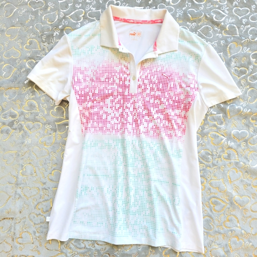 White Puma Polo Pink Mint Graphics Dry Cell Golf L